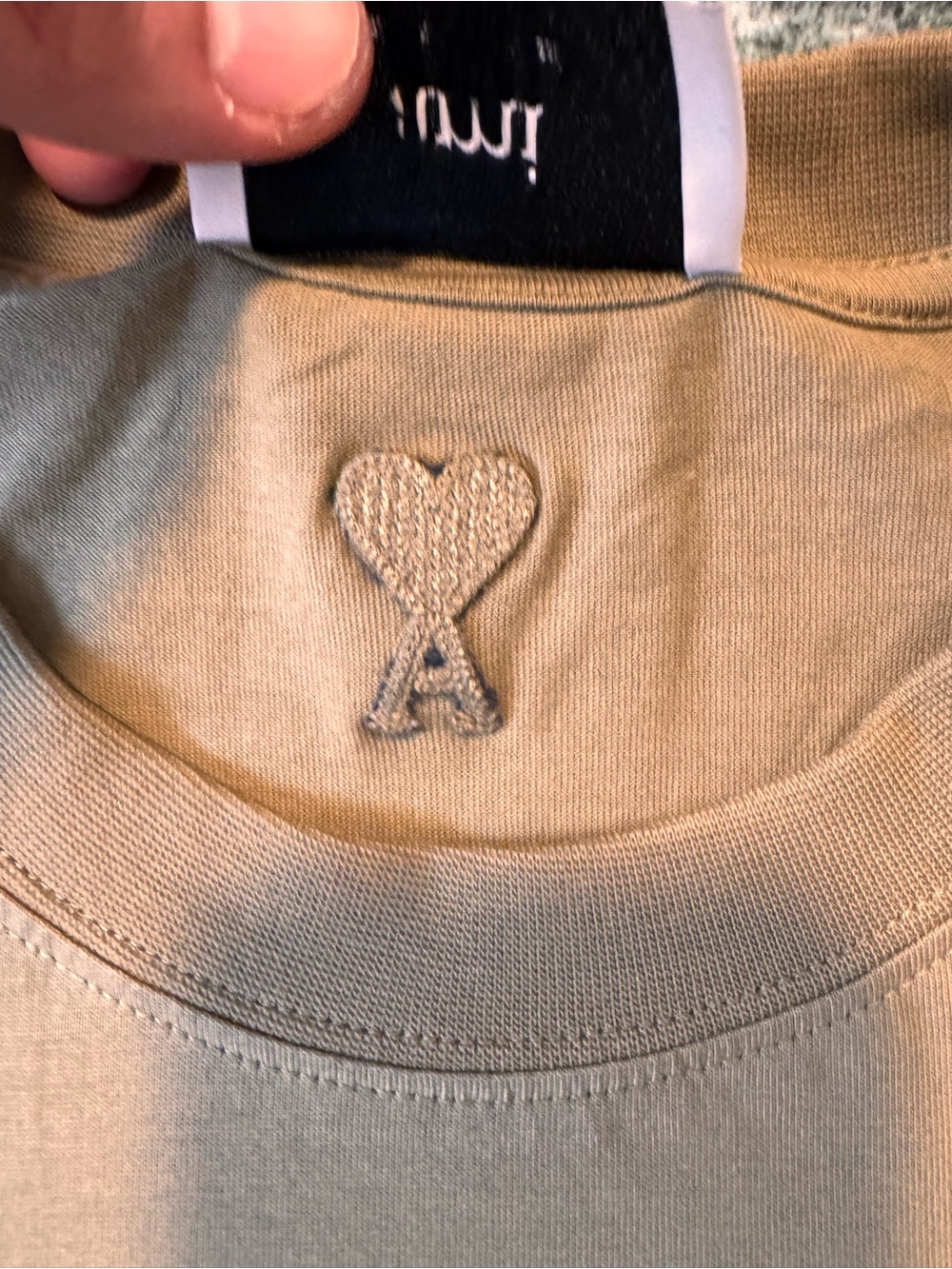 AMI Paris Embroidered Logo T-Shirt Khaki Olive Cotton Tee Size M Portugal - Picture 4 of 7